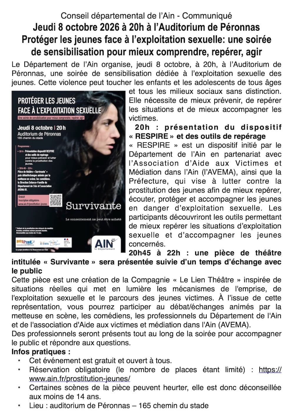 Soirée de sensibilisation : agir face à l’exploitation sexuelle des jeunes dans l’Ain