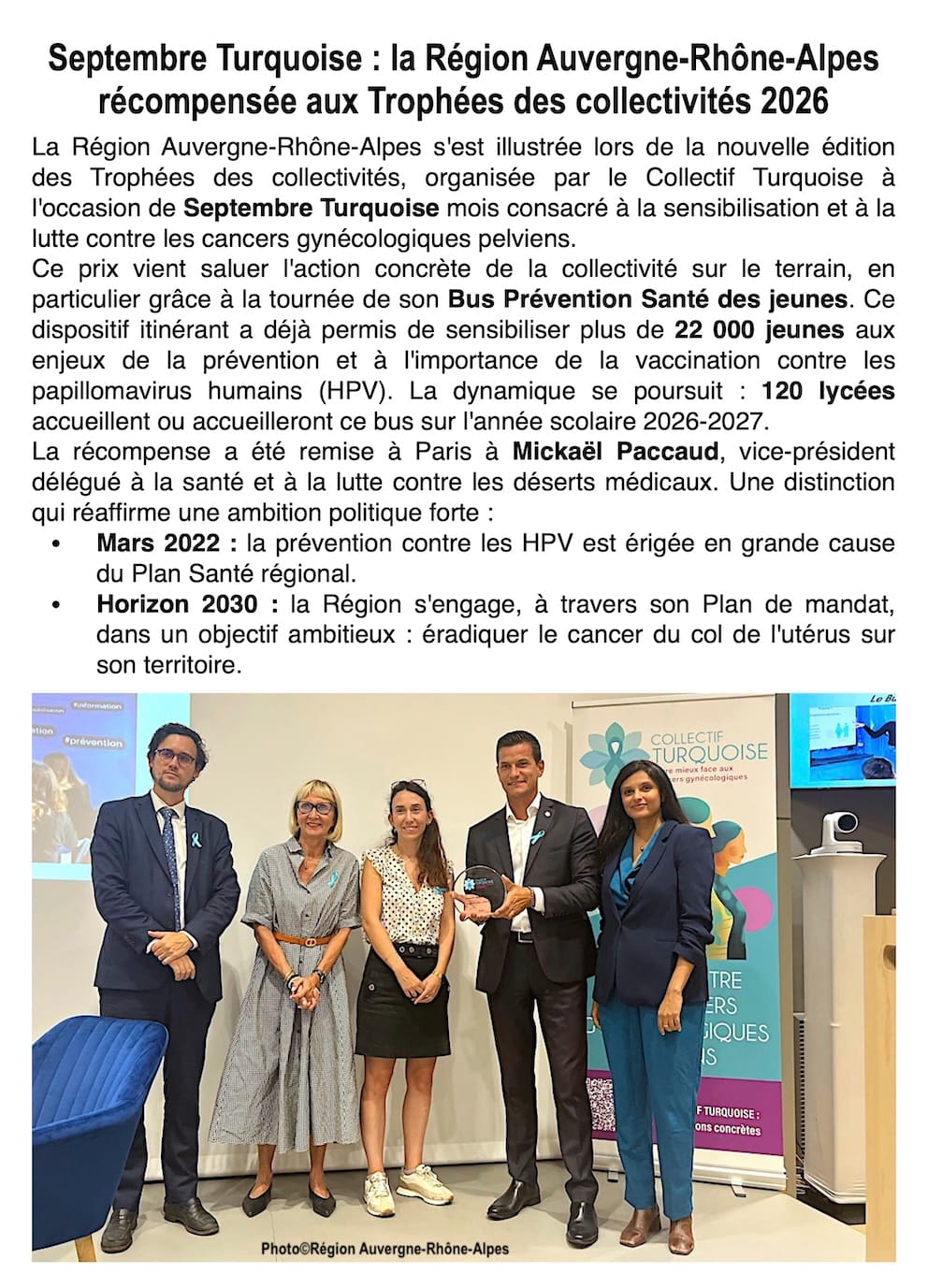 Trophées des collectivités 2026 : la Région Auvergne-Rhône-Alpes distinguée pour son action lors de Septembre Turquoise