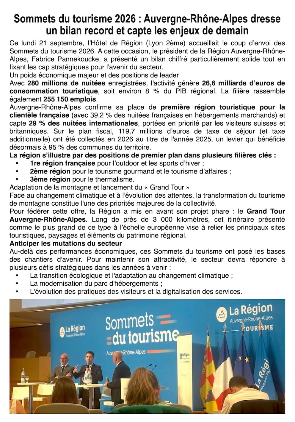 Bilan record et cap sur l'avenir : la Région Auvergne-Rhône-Alpes conforte sa place de leader touristique.