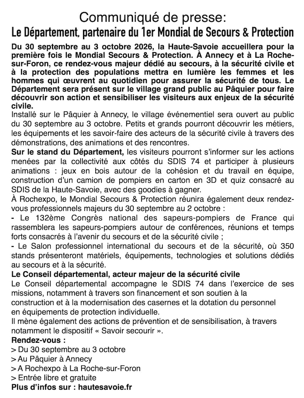 Mondial Secours & Protection : le Département de la Haute-Savoie au cœur de l'action