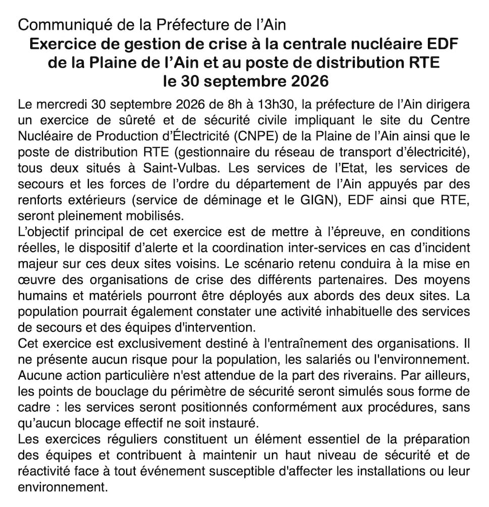 Sécurité nucléaire : un exercice de crise interservices à Saint-Vulbas ce 30 septembre