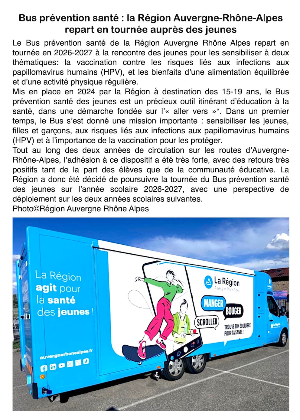 La Région Auvergne-Rhône-Alpes réaffirme son engagement pour la santé des jeunes en renouvelant la tournée de son bus itinérant de prévention.