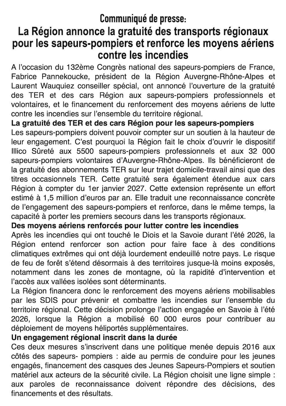Auvergne-Rhône-Alpes : gratuité des transports et moyens aériens renforcés pour nos sapeurs-pompiers