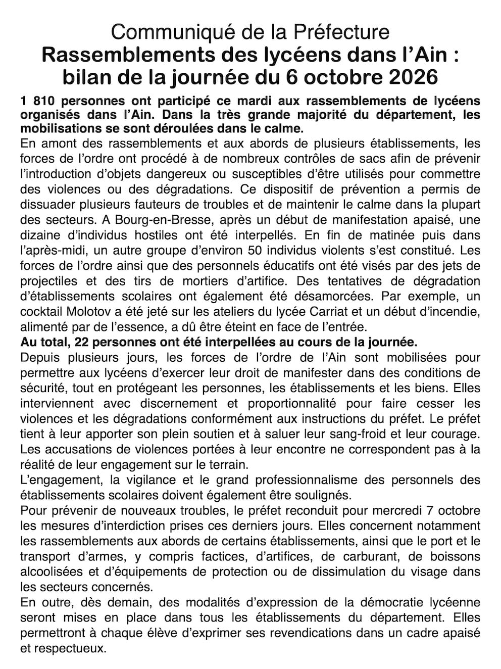 Mobilisation lycéenne dans l’Ain : le préfet durcit les mesures après des tensions ciblées à Bourg-en-Bresse