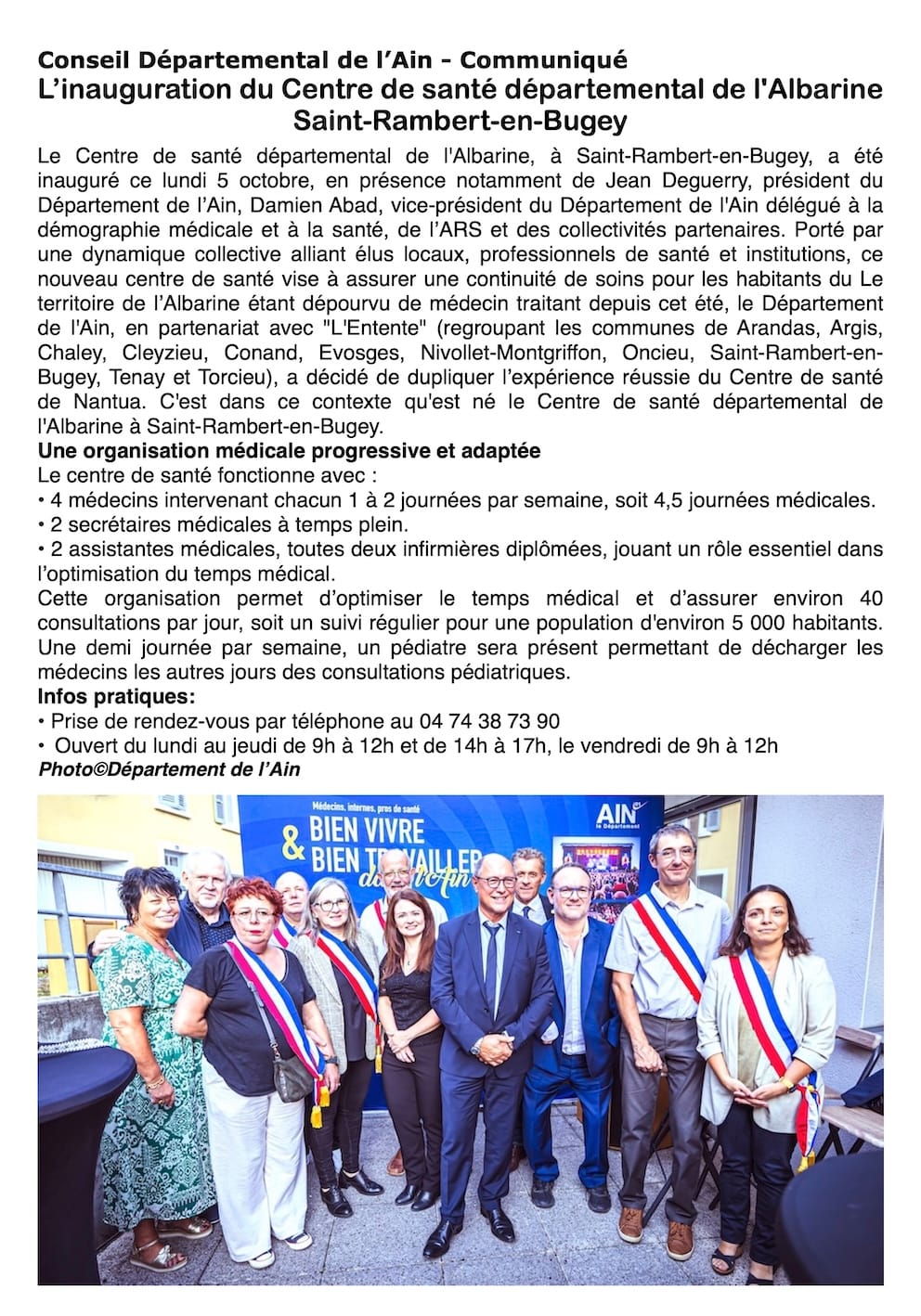 Inauguration du Centre de santé de l’Albarine : une réponse concrète au désert médical à Saint-Rambert-en-Bugey