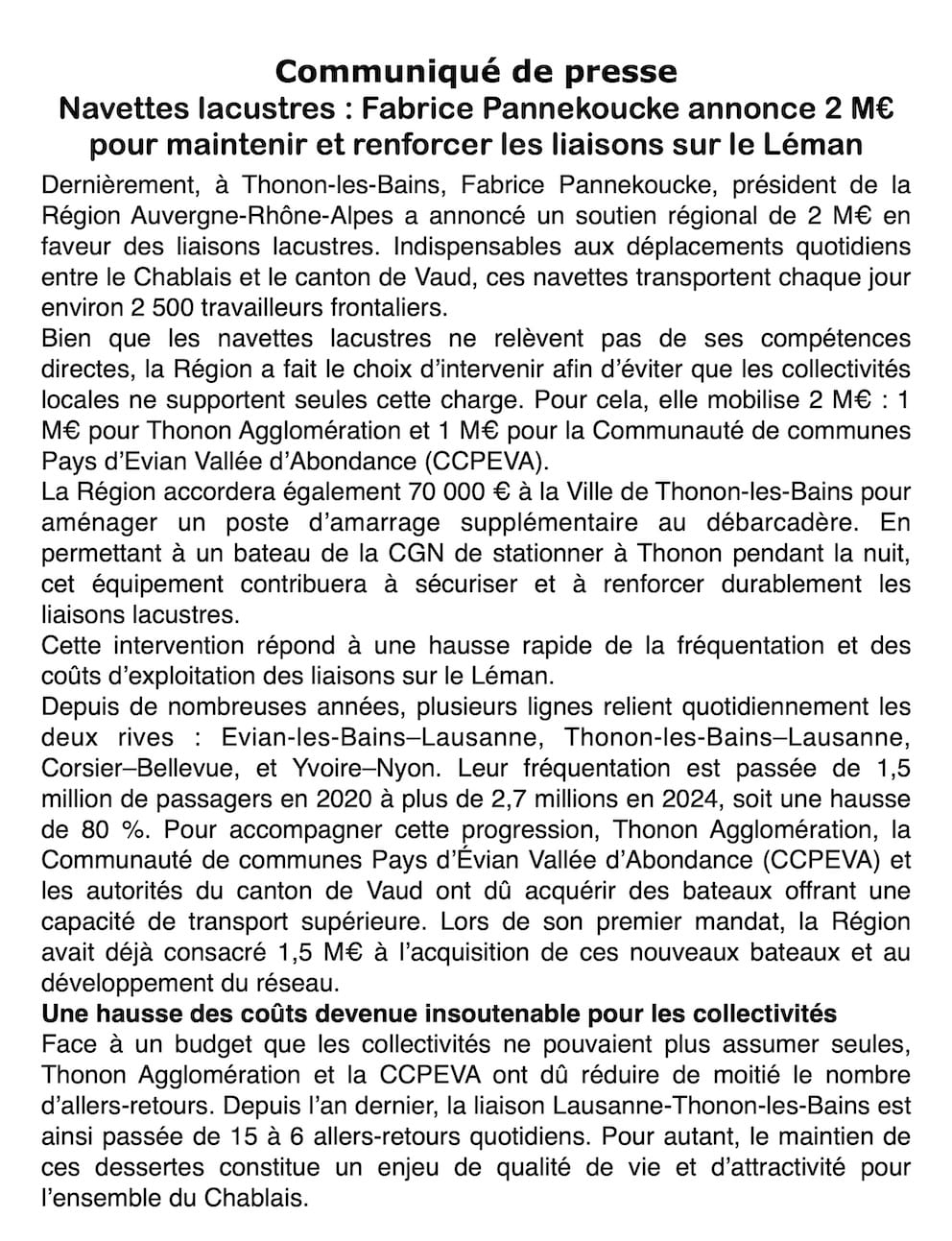 Face à l'explosion de la fréquentation sur le Léman, la Région apporte 2 M€ de soutien d'urgence au Chablais.