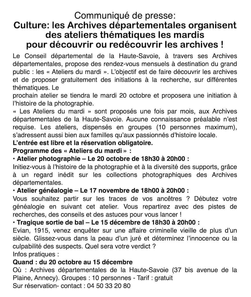 Haute-Savoie : les Archives départementales lancent leurs « Ateliers du mardi » gratuits !