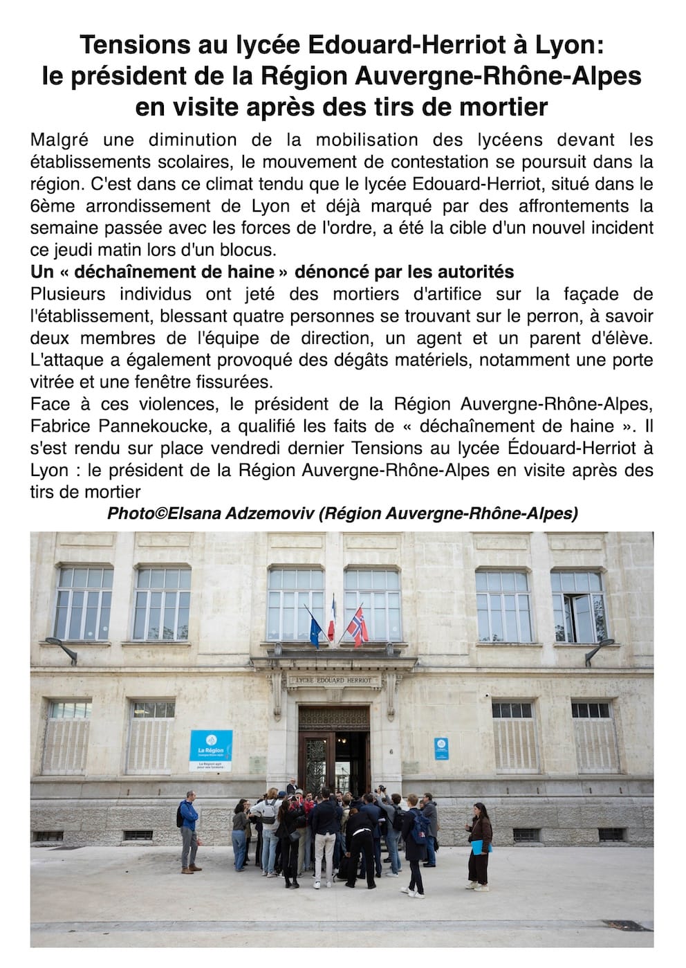 Déchaînement de haine » au lycée Herriot : le président de Région au soutien après l'attaque