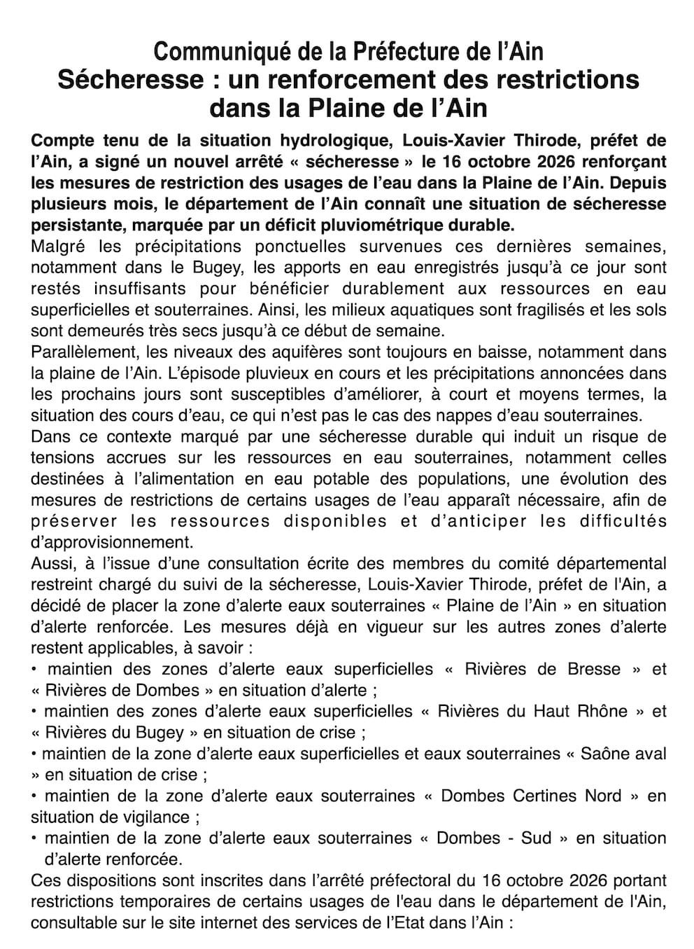 10:40  🚰 Sécheresse : la Plaine de l’Ain passe en alerte renforcée