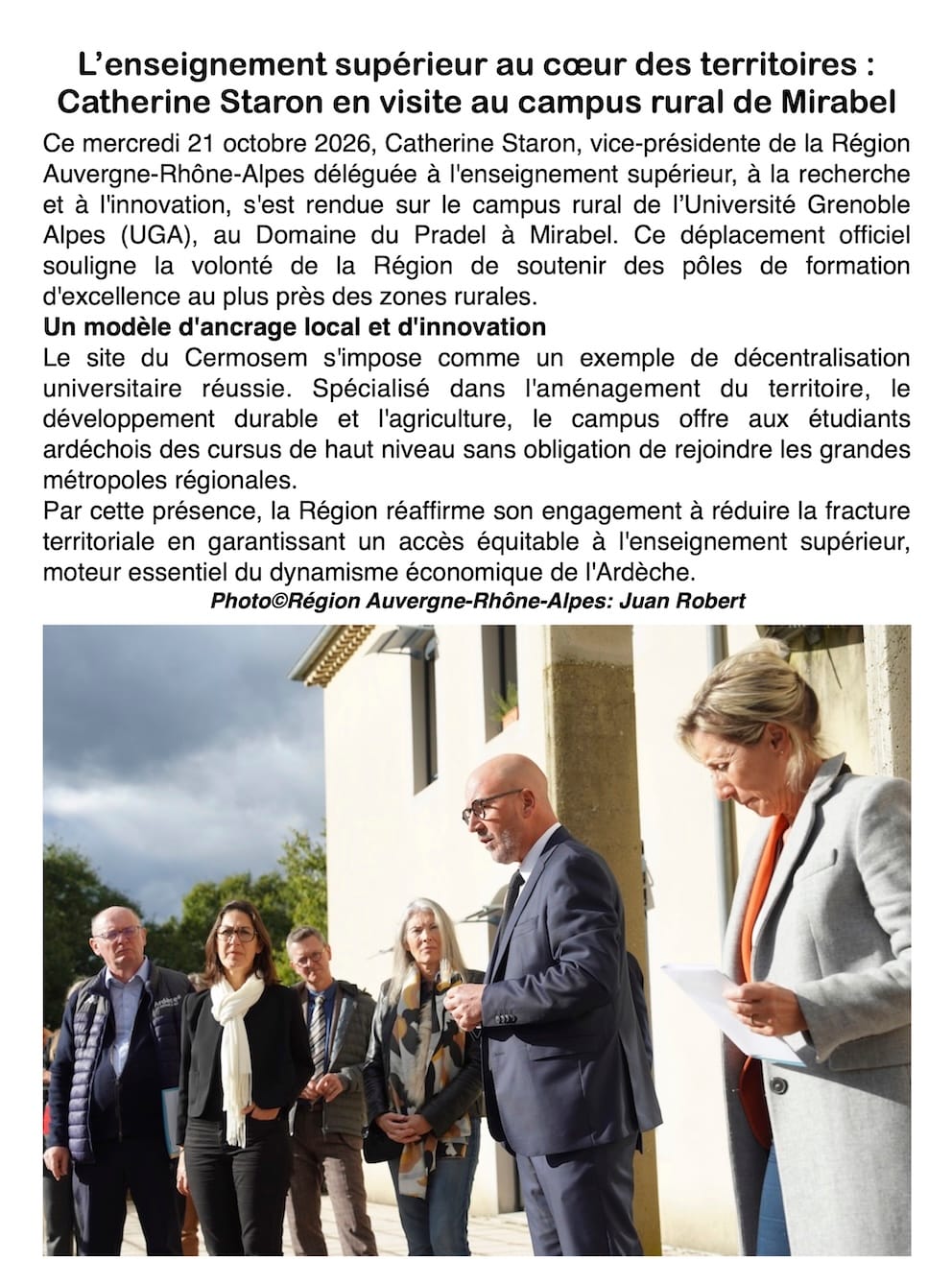 Campus de Mirabel : Catherine Staron réaffirme le soutien de la Région à l'enseignement supérieur rural