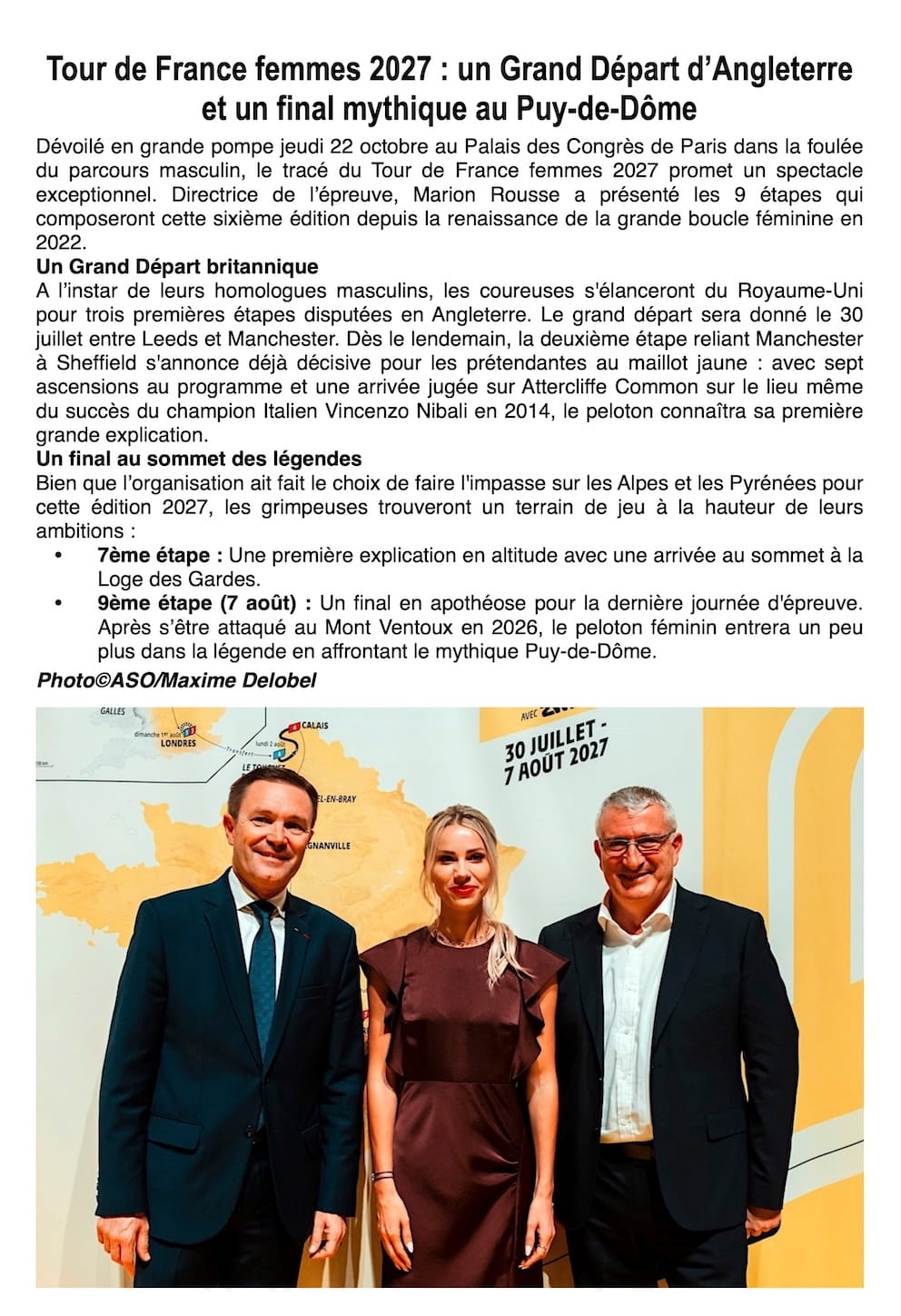 Grand Départ en Angleterre et final mythique au Puy-de-Dôme : tout sur le Tour de France Femmes 2027 !