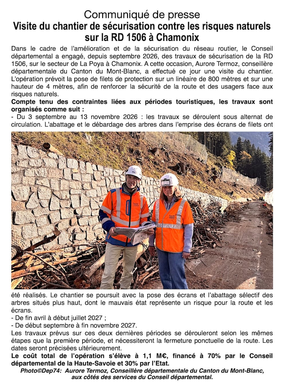 Sécurisation de la RD 1506 à Chamonix : point d'étape sur le chantier de La Poya