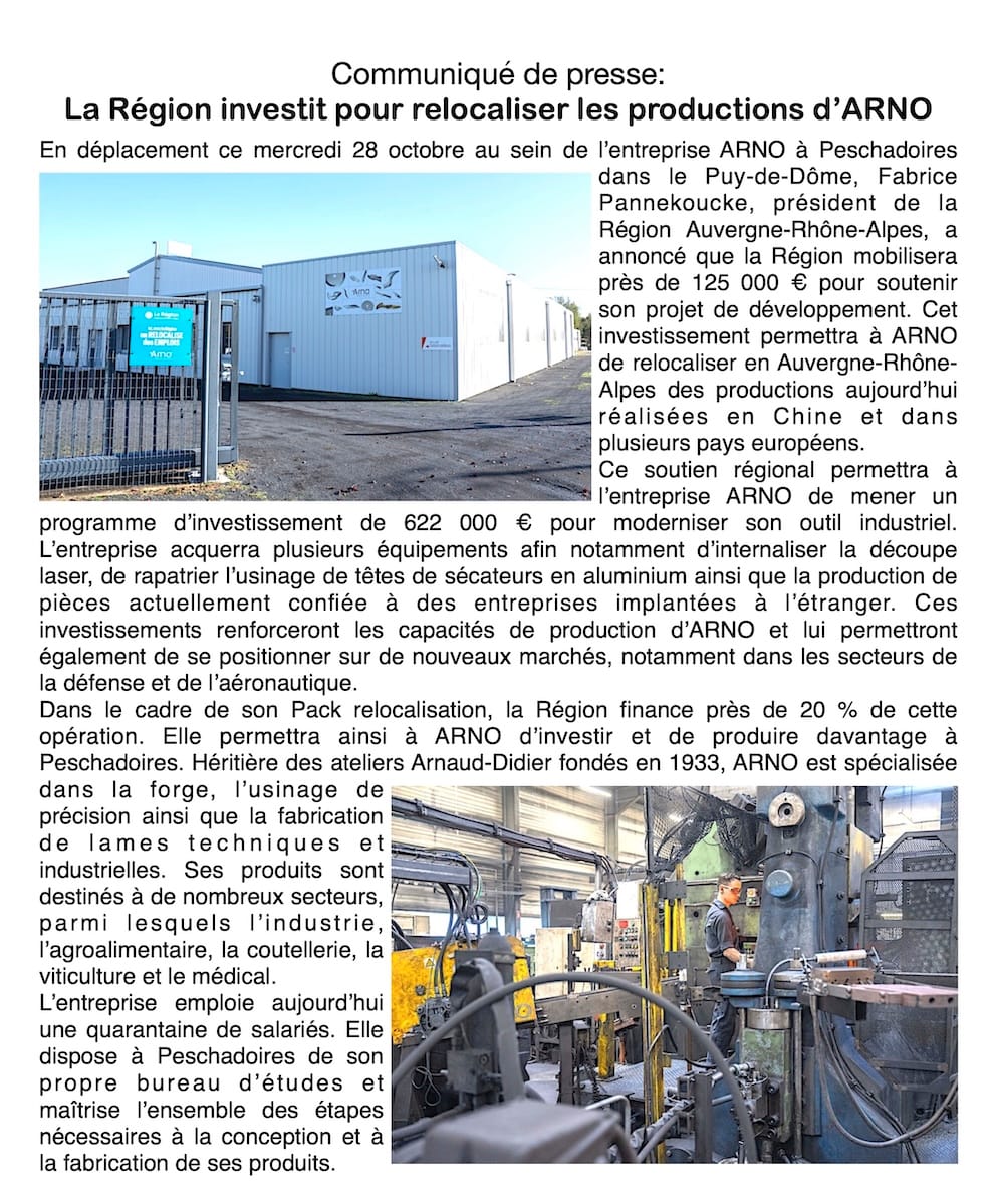Soutien à l'industrie locale : 125 000 € de la Région pour rapatrier la production de l'entreprise ARNO